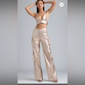 RILEY
Metallic Denim Cargo Trousers in Champagne